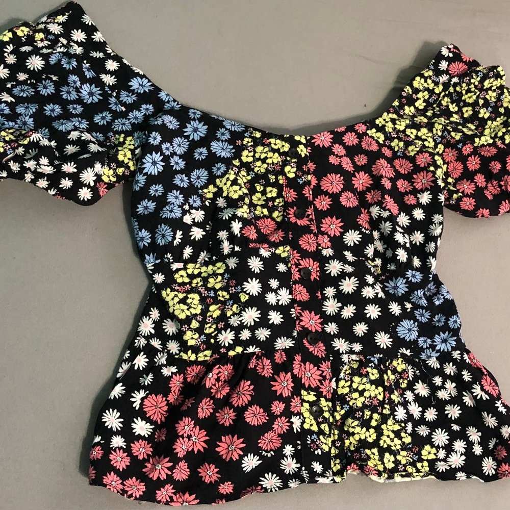 Floral on Black Cropped Blouse